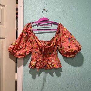 RHODE Coral Floral Smocked Blouse